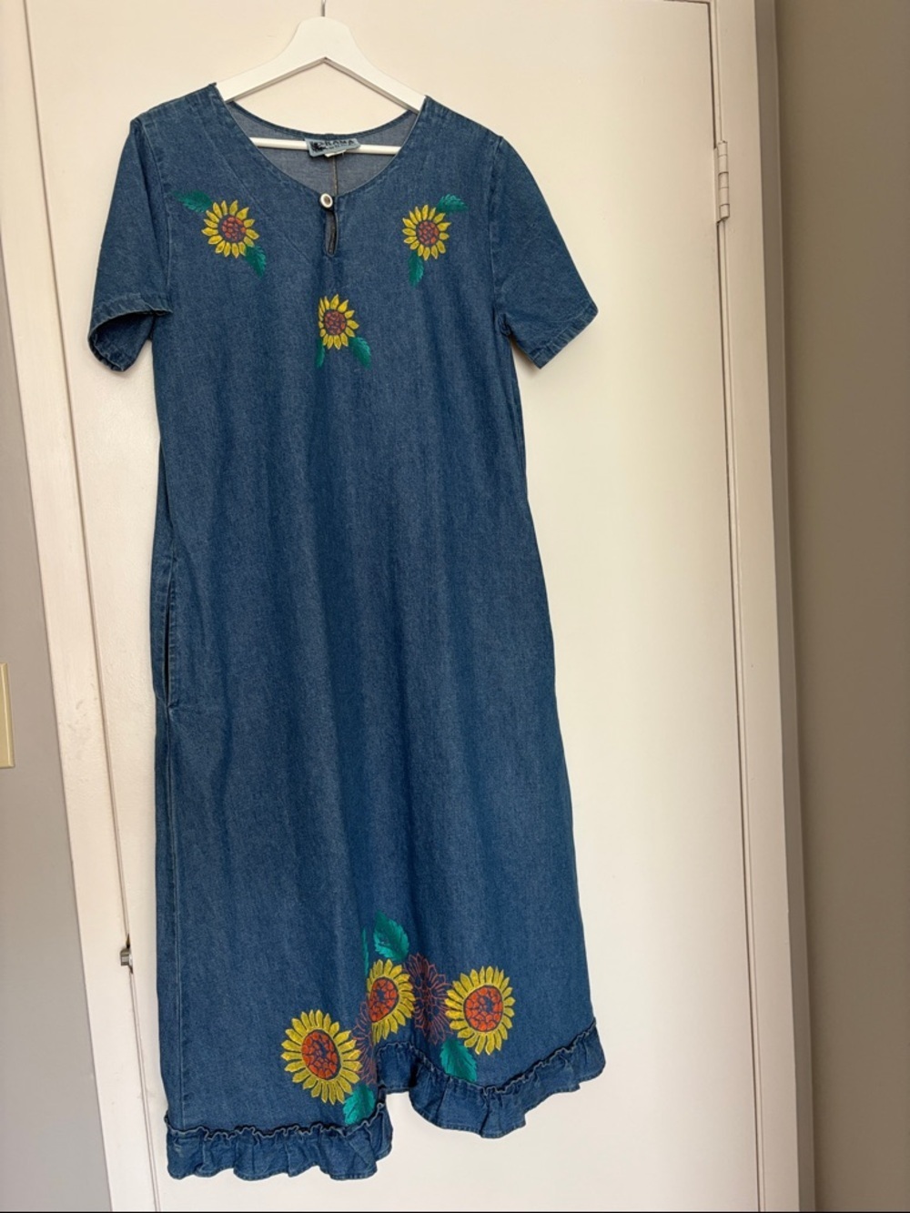 VINTAGE Denim Sunflower Floral Cotton Midi Dress Small